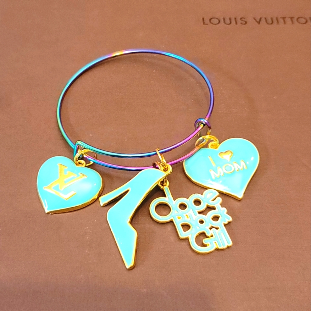 Expandable Stainless Steel Bangle Braceletmulti color with teal and gold charms